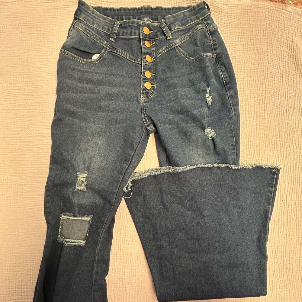 Montana West Distressed High Rise Button Fly Flare Jeans